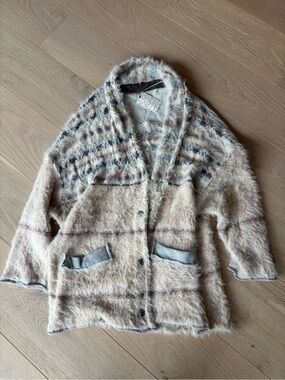 Free People Cream and Gray Fuzzy Teddy Cardigan Jacket